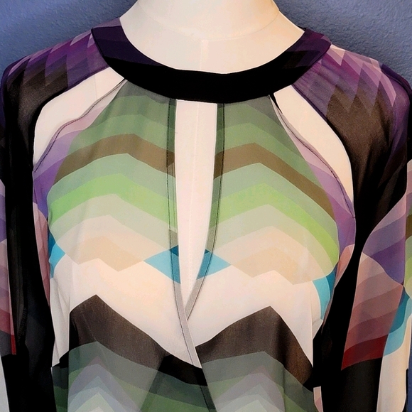 Bebe Sheer Criss-Cross Multicolor Blouse - Picture 3 of 7